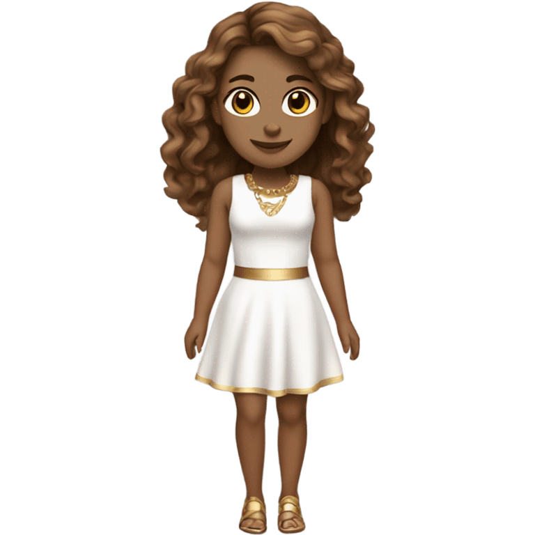 do a white but not too white girl with brown hair and highlights brown eyes and gold jewelry, full body, legs arms and a white short dress emoji