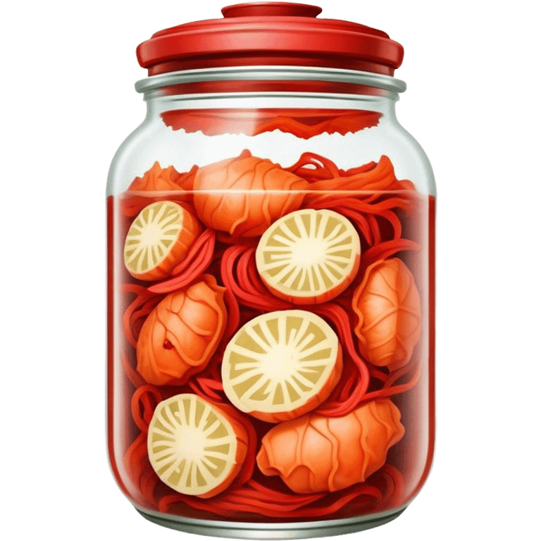 Kimchi Cinematic Realistic Kimchi Dish Emoji, depicted as spicy, fermented cabbage with vibrant red hues neatly served in a traditional jar, rendered with dynamic textures and bold, appetizing lighting. emoji