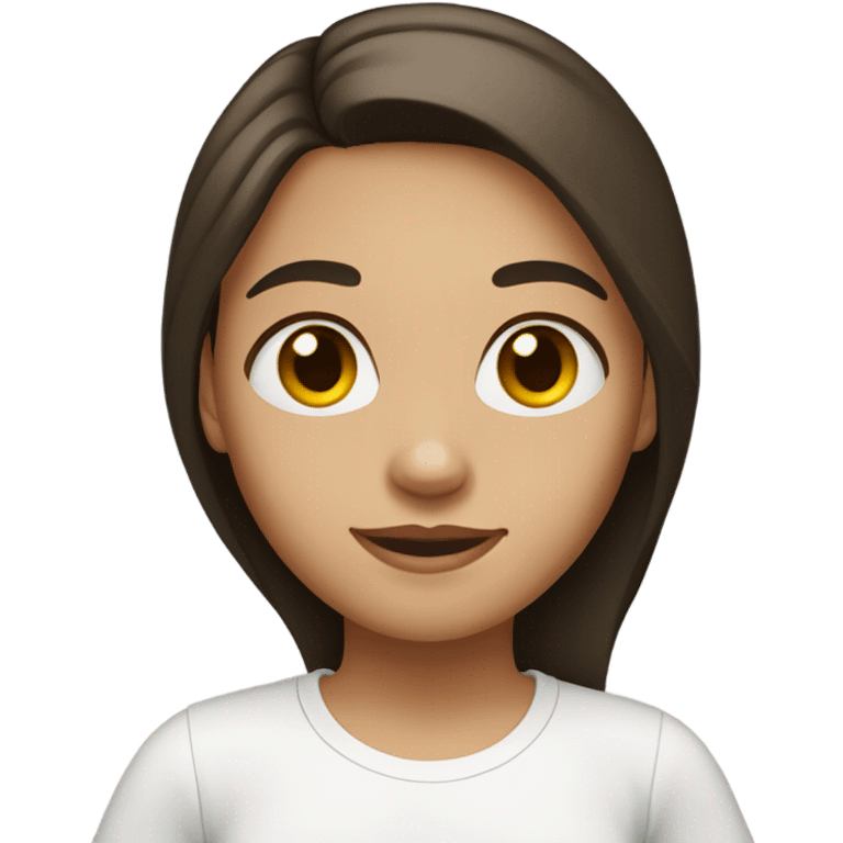 A girl with light skin, short dark brown hair, hazel eyes, wearing a white T-shirt. Her hair is shoulder length and straight.  emoji