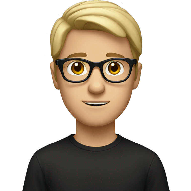 A white boy with slightly parted hair and black framed glasses, wearing a black T-shirt emoji