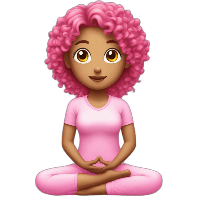 curly hair pony tail girl doing meditation wearing pink emoji