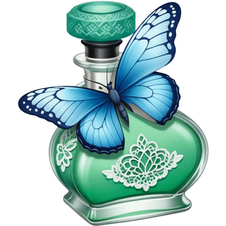 A single delicate blue butterfly resting on the edge of a lace-trimmed green  perfume bottle.
 emoji