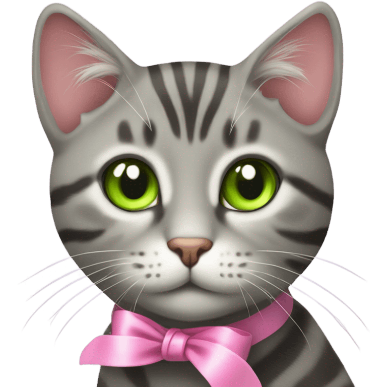 Grey tabby cat with pink ribbon emoji