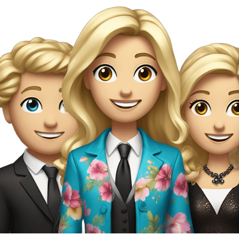 Make a picture of a blond girl in a flower silke dress that revives a oscar , she has a ski jacket top and medium length blind hair, blue eyes, behind her stands two brown hair waiters in white shirts, black wests, black ties and they are happy emoji