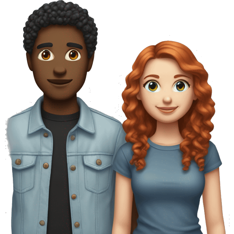 do couples with the girl having short/ medium length red hair and blue eyes, skin not super fair but light and the boy having same skin tone, black curly hair and brown eyes. If emojis of them standing do streetstyle clothing for both.  emoji