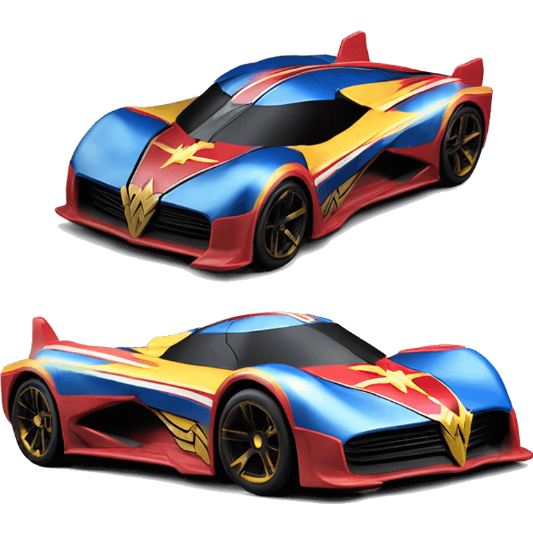 Side view of Wonder Woman’s matte finish Hypercar hot wheels rc car with large bright headlights at night emoji