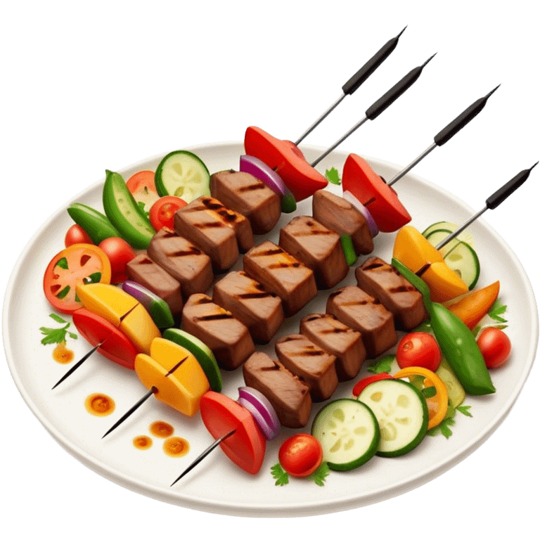 Cinematic Realistic Shish Kebab Dish Emoji, showcasing skewered, grilled meat with vibrant vegetables rendered with dynamic textures and warm, inviting lighting. emoji