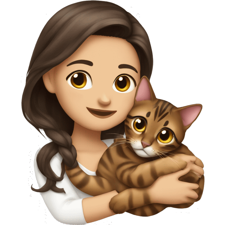 Beautiful woman long dark brown hair hug bengal cat emoji