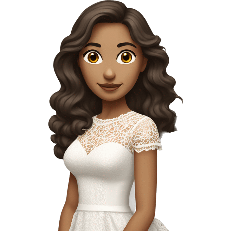 hyper realism Adult woman with brown eyes, light tanned skin, long wavy dark brown hair, wearing a white lace dress emoji