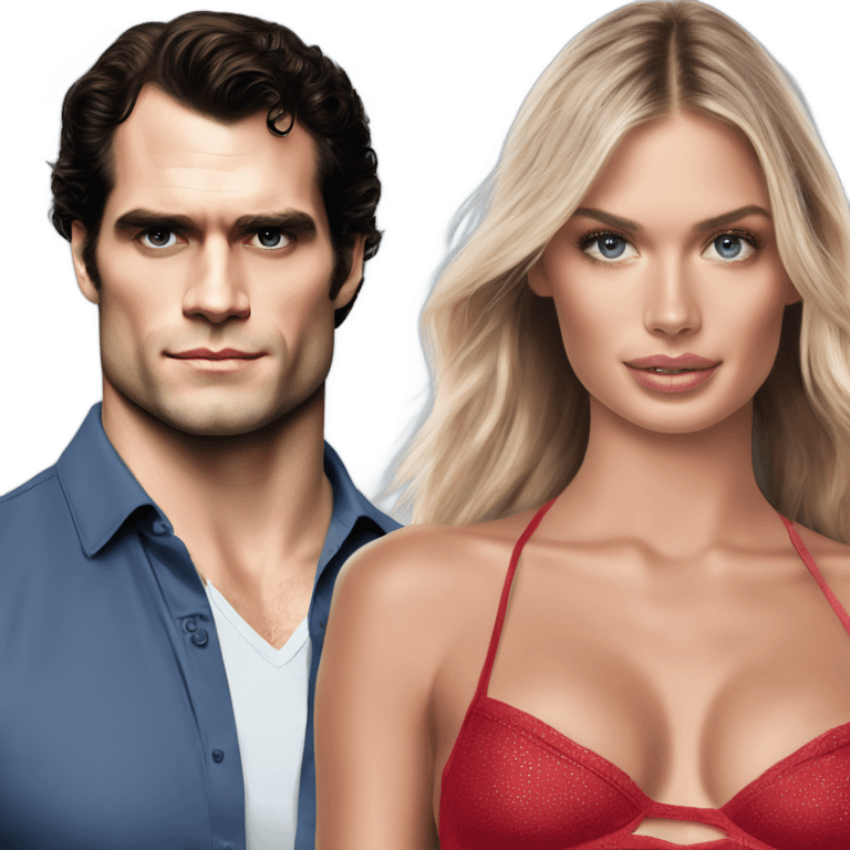 realistic photo of Henry Cavill close under a beautiful  victoria secret model  emoji