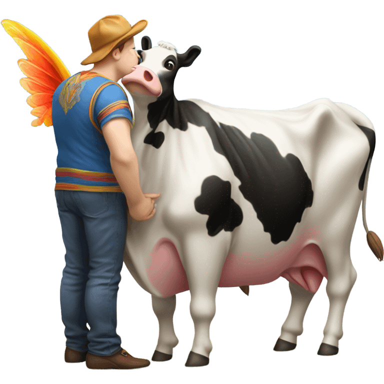 Fat man smooching a beautiful flying cow emoji