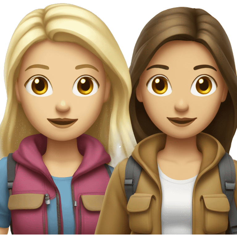 Two girls backpacking brunette and blonde hair both white emoji