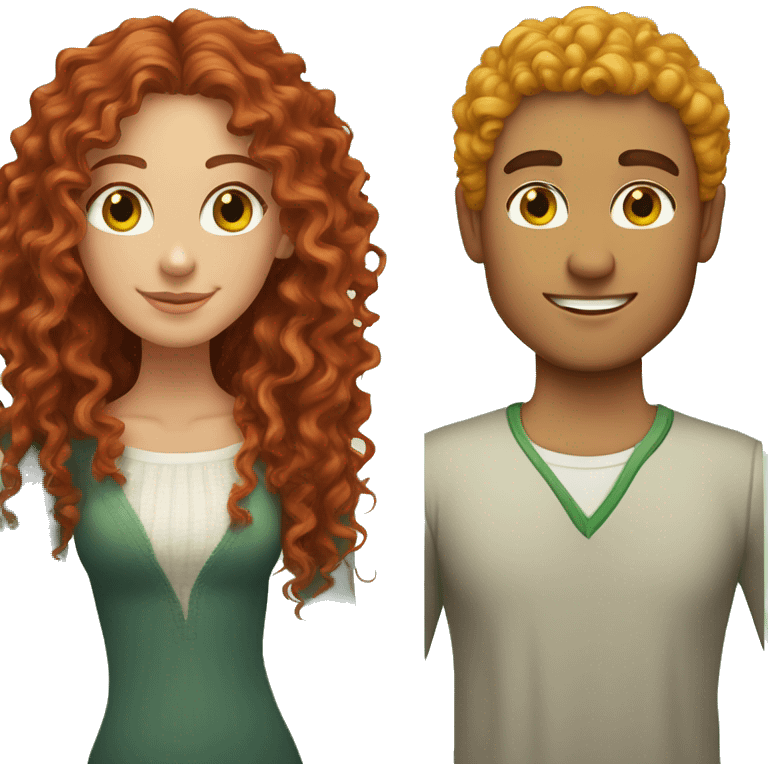 Couple. beautiful girl with red long curly hair and brown eyes. Handsome man with yellow curly hair and green eyes emoji