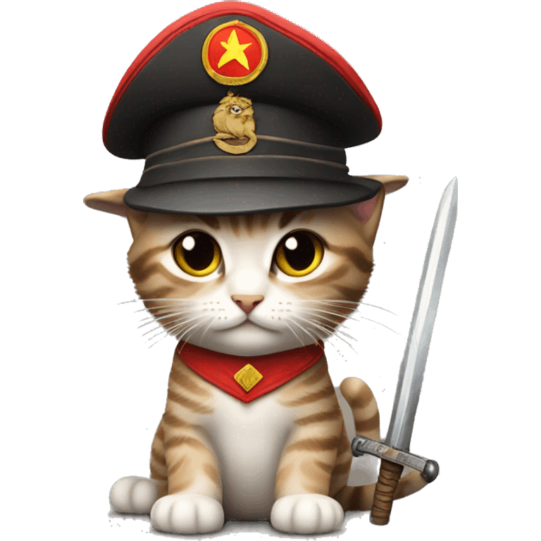 Tabby kitten wearing communist hat with a sword emoji