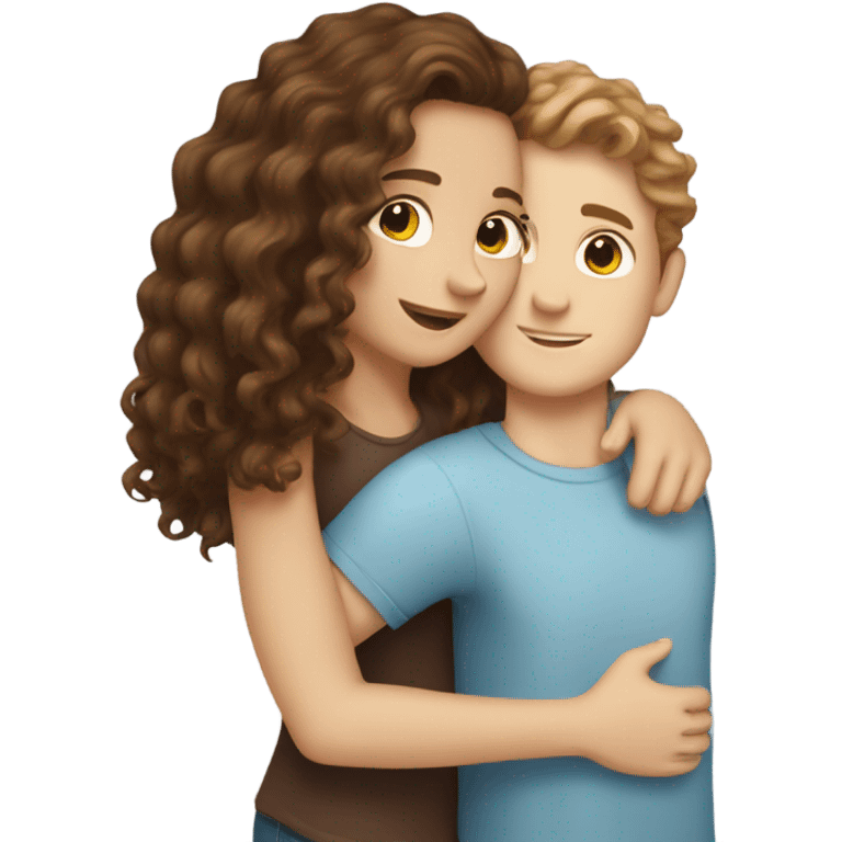 white girl with brown long curly hair and white boy with brown short curly hair hugging emoji