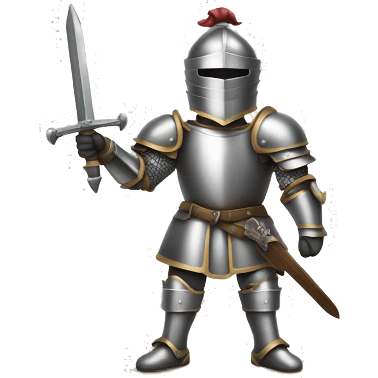 Generate an emoji of a knight in shiny armor, holding a sword with both hands. The sword should be resting on the ground emoji