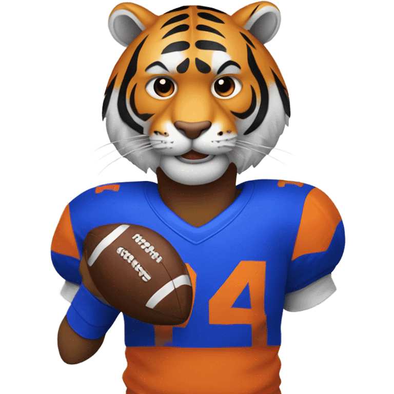 A tiger with a football and is wearing royal blue and orange emoji