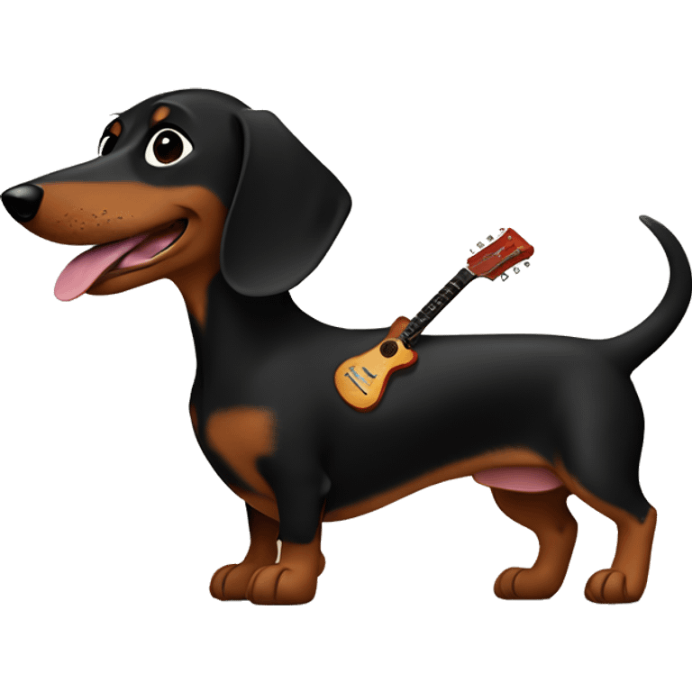 black and brown dachshund with a guitar emoji