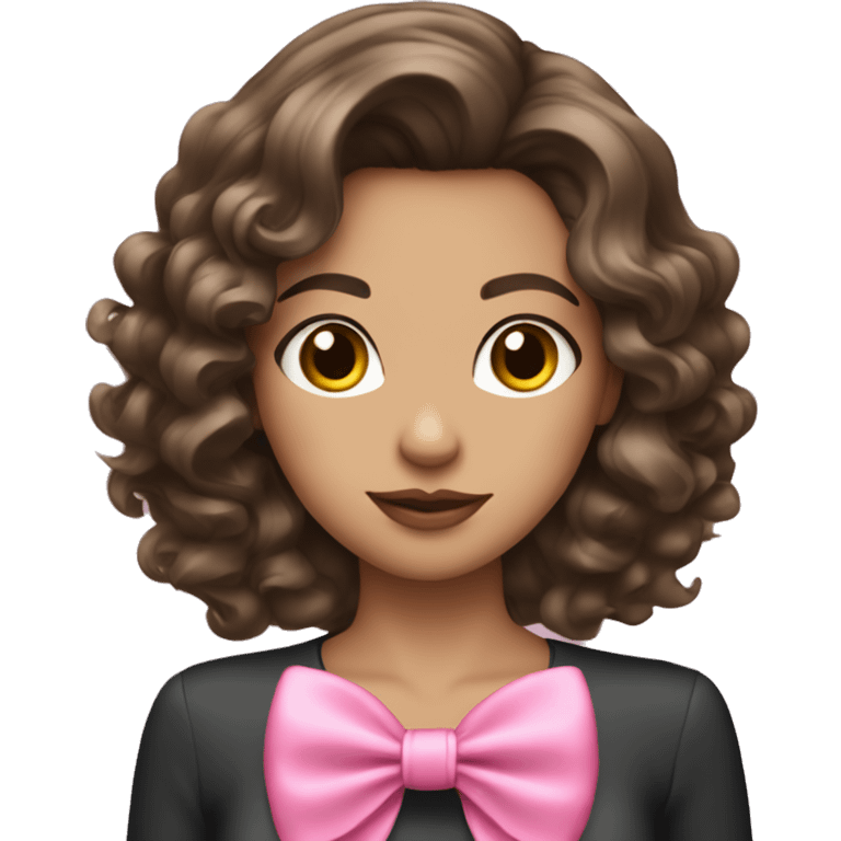 brunette girl with coquette pink bow and wavy hair emoji