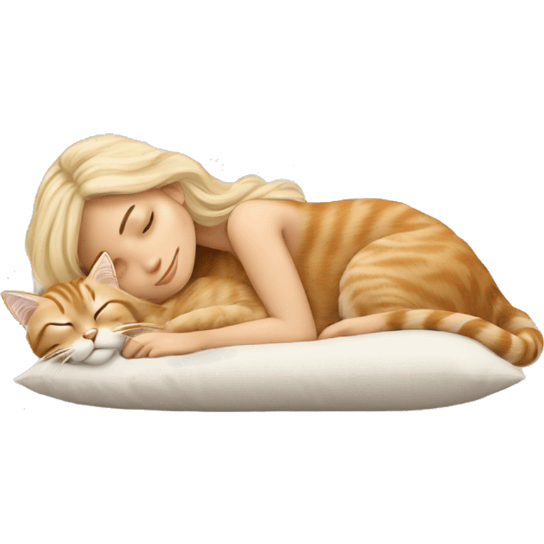 Pretty blonde girl sleeping with her beige main coon cat on pillow emoji