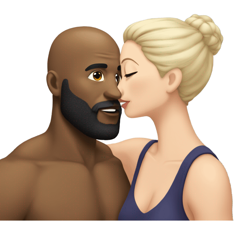 White brunett kissing muscular black bald man with beard emoji