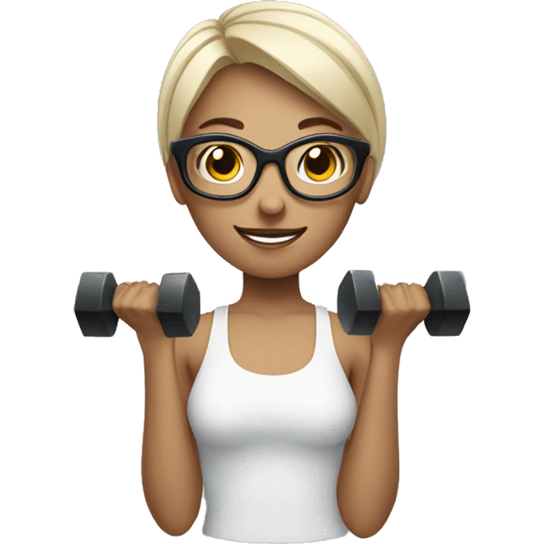 White Sports Girl with short hair glasses holding dumbbell emoji