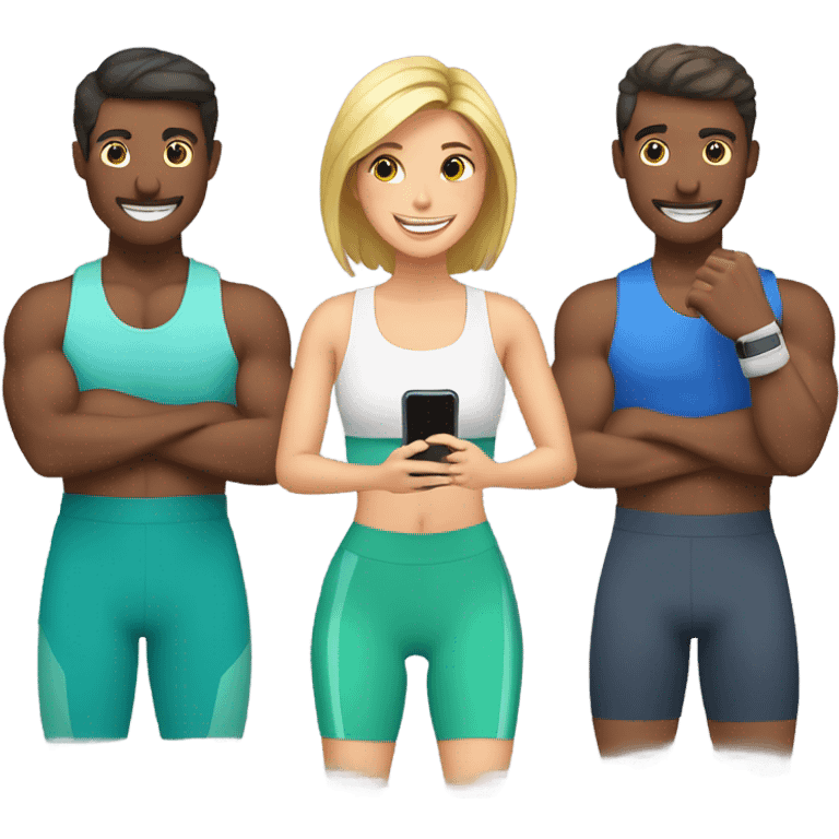 friends work out with smartphone showing charts emoji