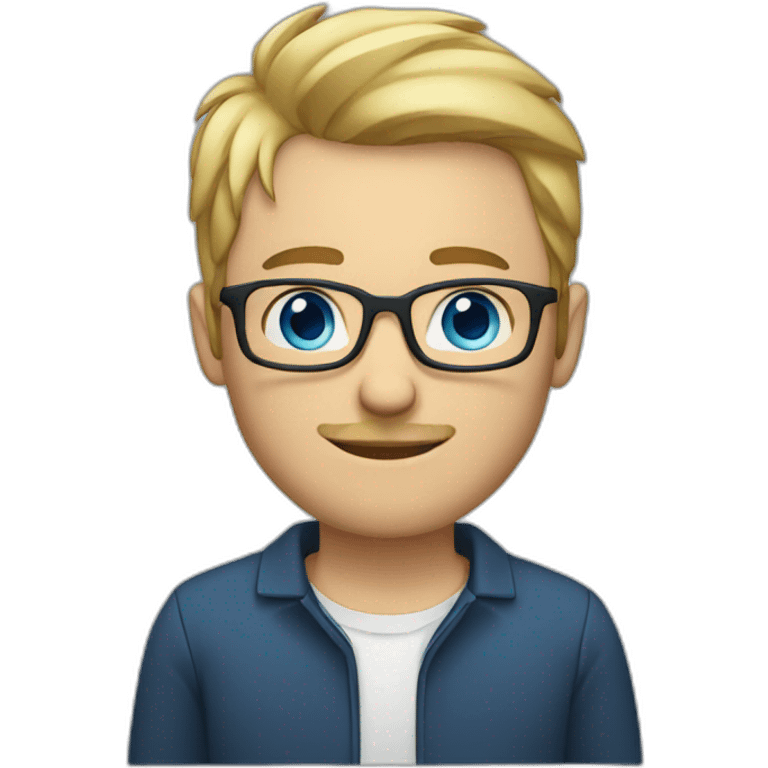 man with short blond hair, short beard and glasses, blue eyes and showing heart by his hands emoji