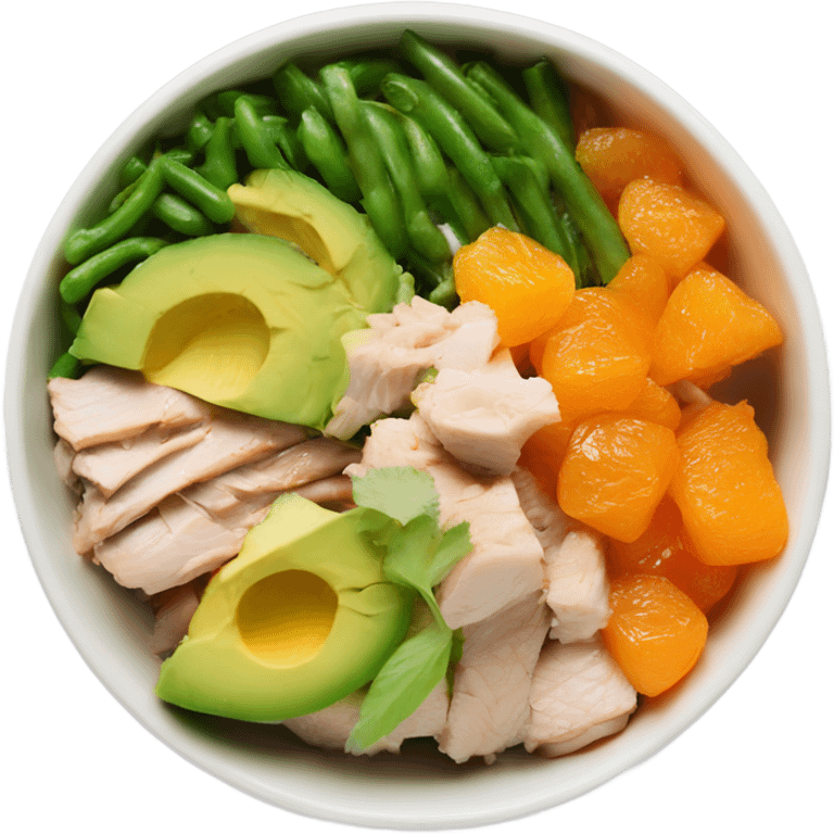 Poke bowl with chicken, diced avocados, mandarins, cut cucumbers and green beans; side view emoji