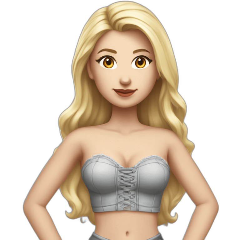 hyperrealistic caucasian female, long straight blonde hair, white laced up bustier, grey mini tight skirt, body view emoji