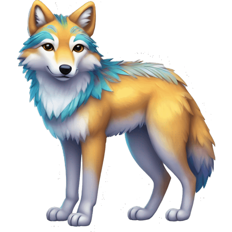 Fluffy Shy Colorful Spiritual Coywolf With Shiny Tribal Markings Full Body emoji