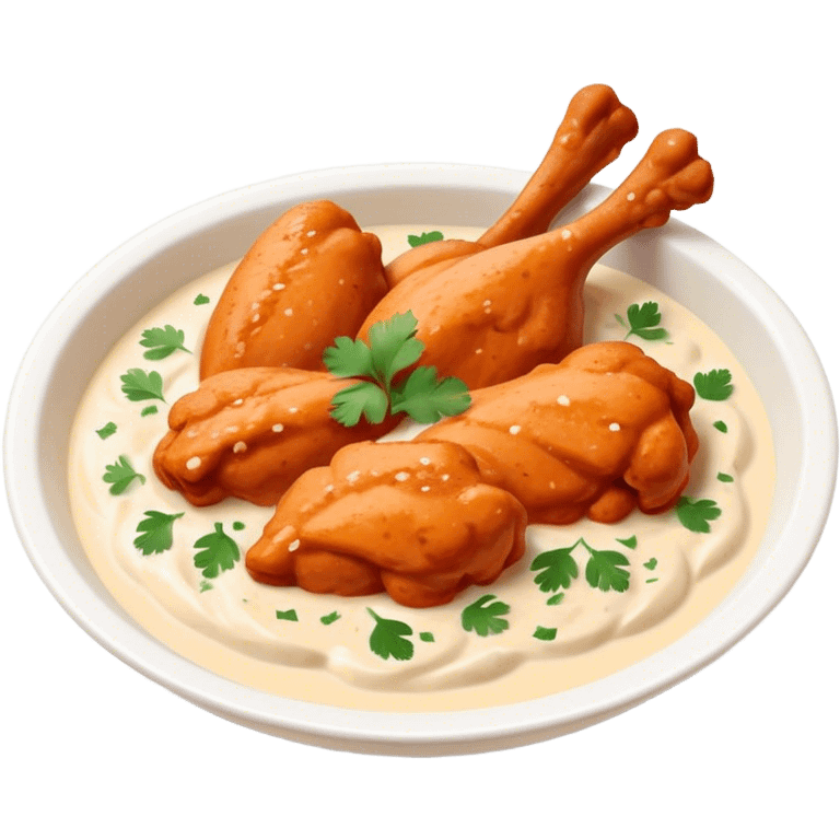 Butter Chicken Cinematic Realistic Butter Chicken Dish Emoji, depicted as tender chicken pieces sliced up and bathed in a creamy white sauce garnished with fresh cilantro, rendered with rich textures and vibrant, appetizing lighting. emoji