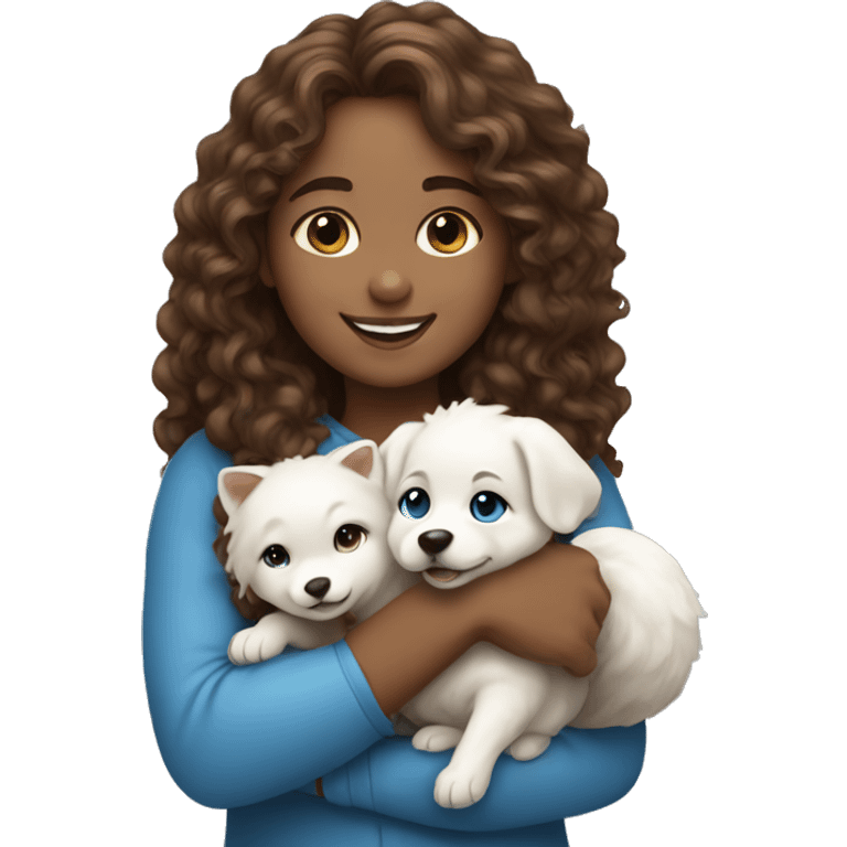 Girl long curly brown hair smiling and blue eyes and holding a white fox dog in her arms emoji