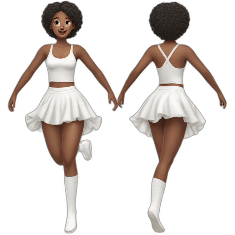 Hyperrealistic Full body Caucasian curvy beauty jumping short white skirt back and front views strong wind knickers long white socks emoji