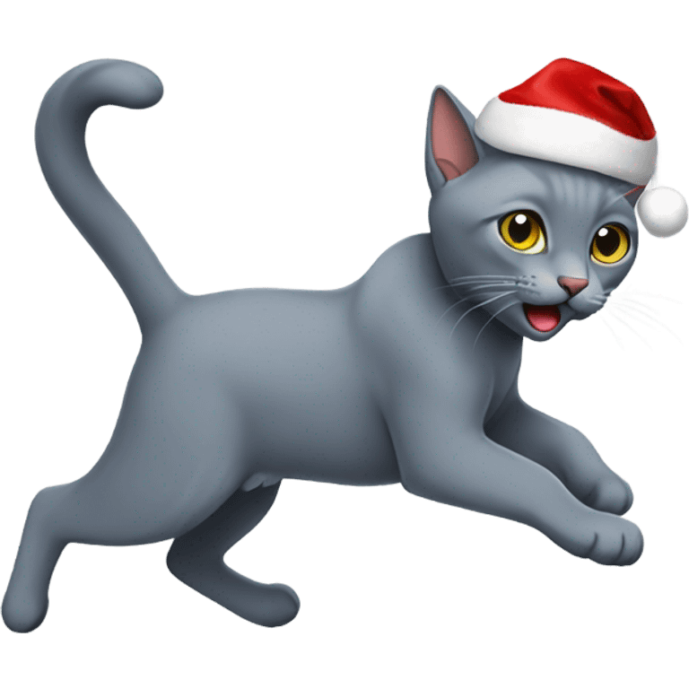 Running Russian blue cat wearing a Santa hat  emoji