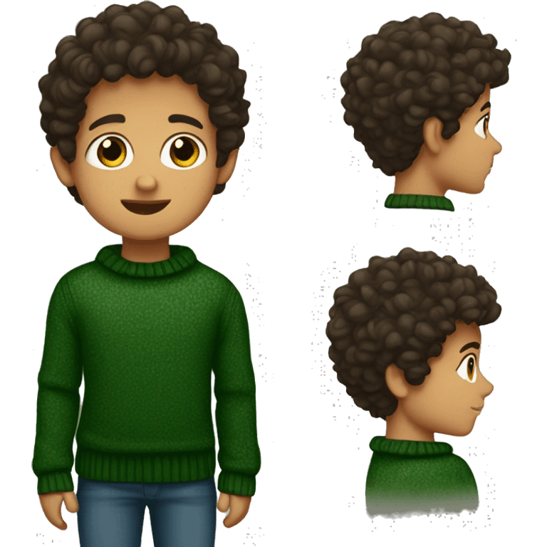 winter, christmas, young boy, short curly brown hair, brown eyes, hispanic, dark green sweater emoji