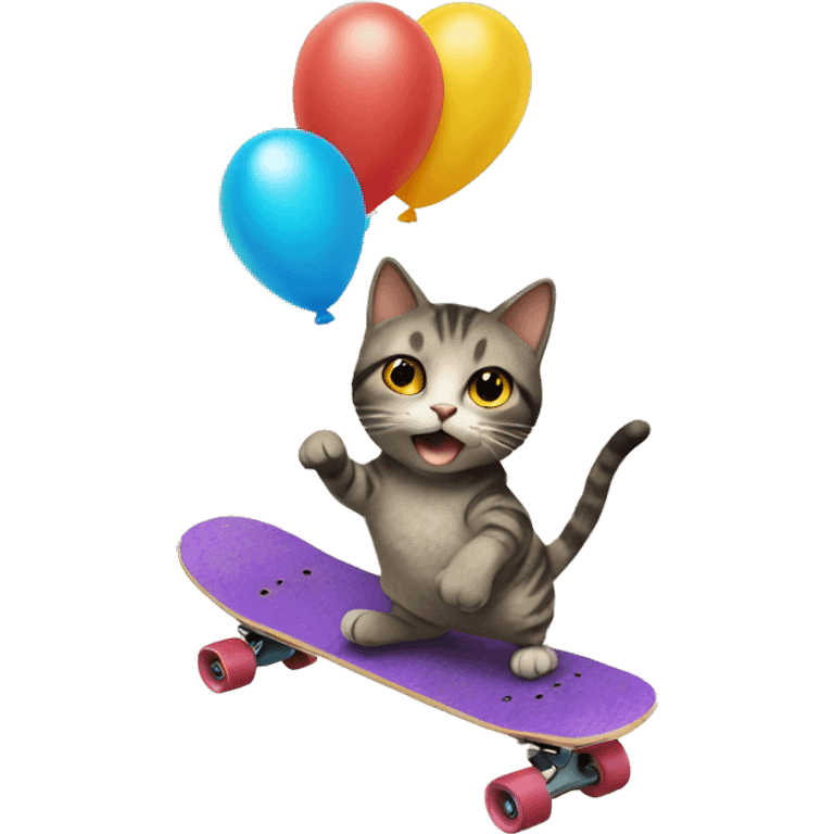 Cat riding skateboard with a balloon emoji