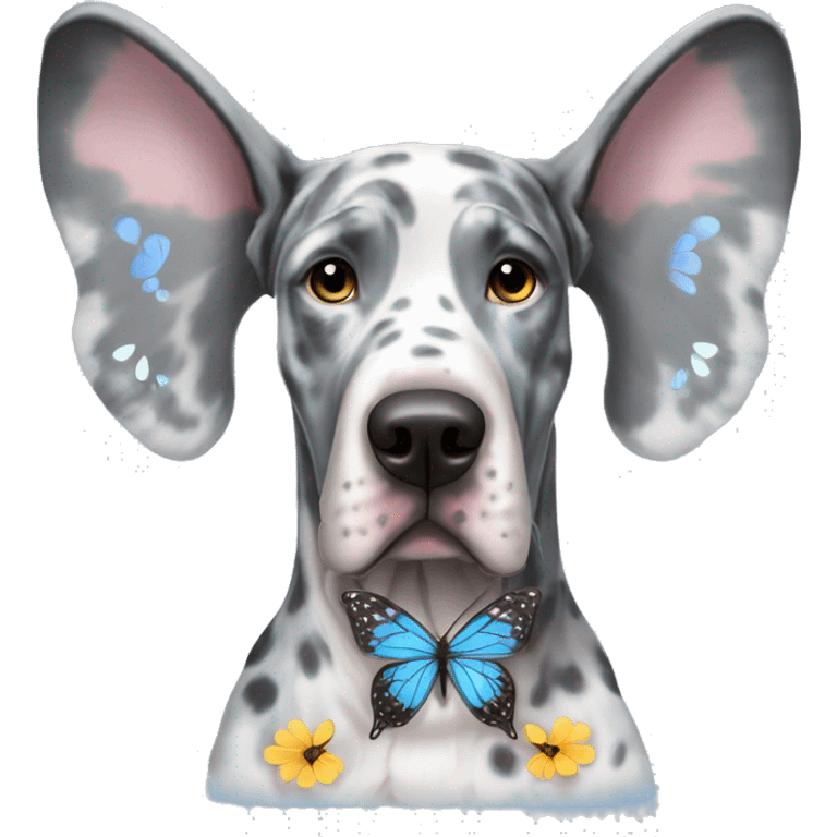 Blue Merle Great Dane wearing butterfly wings emoji