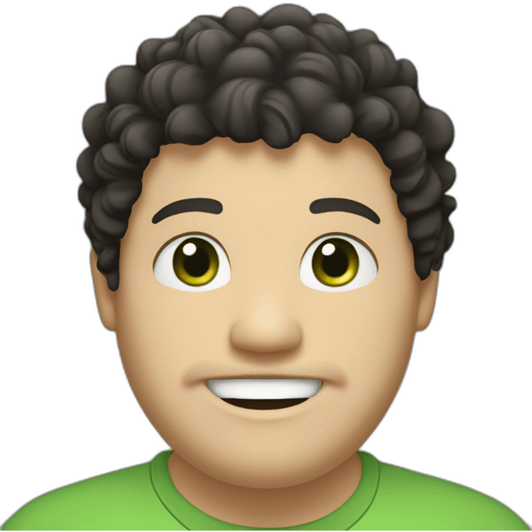 chubby, white man, black curly hair, green eyes, goatee, medium lips, smiling emoji