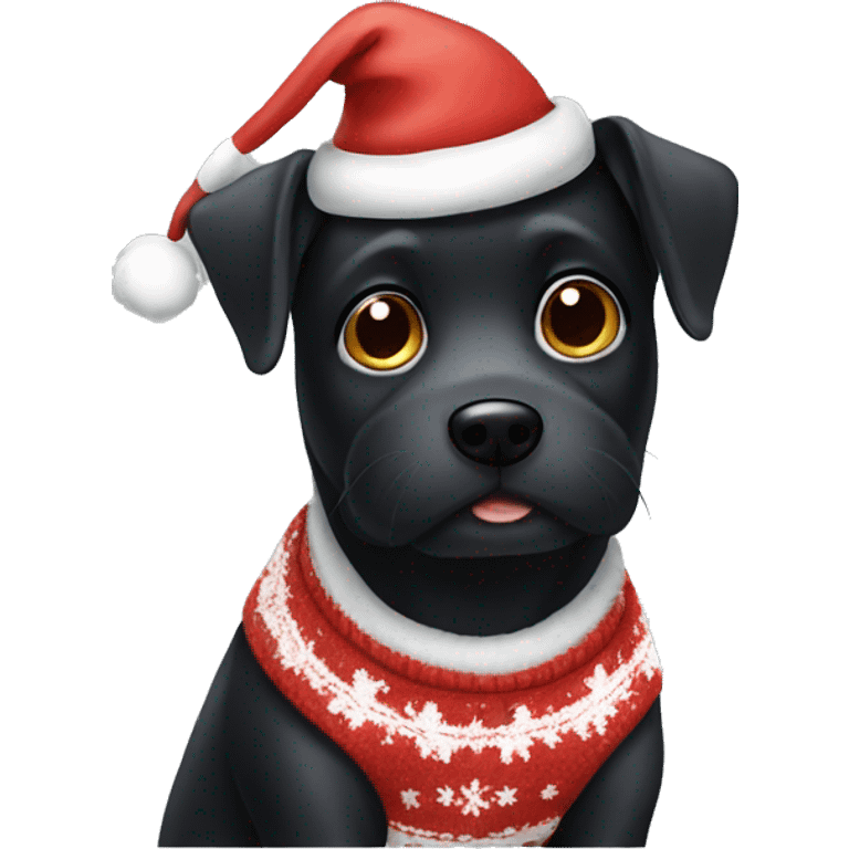 black dog with christmas sweater and santa hat emoji