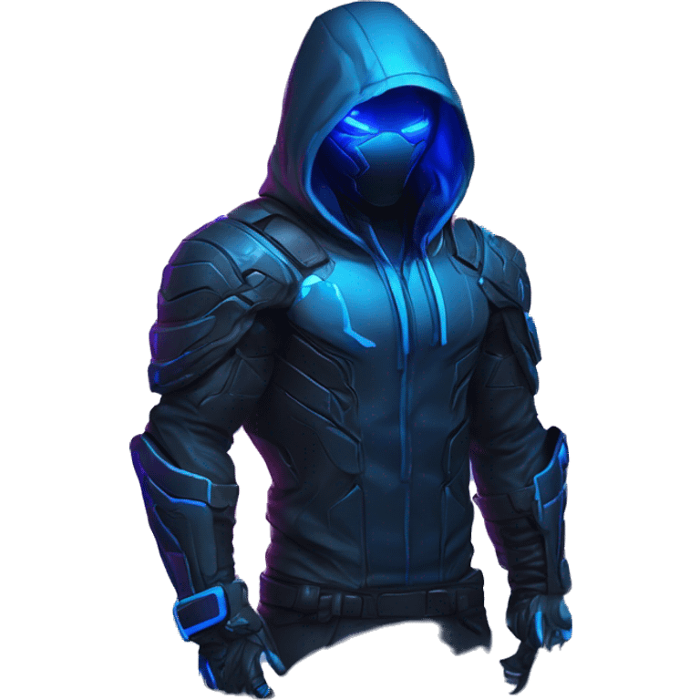 developer behind his laptop with this style : crysis Cyberpunk Valorant neon glowing bright blue character blue black hooded assassin themed character emoji