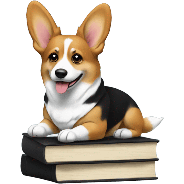 a fit tri color corgi mainly black on a stack of books  emoji