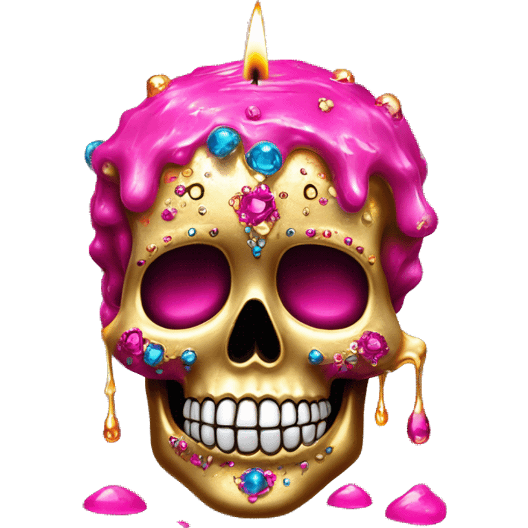 Realistic hot pink sugar skull decorated with colorful rhinestones with metallic gold candle on top of its head dripping meltdown metallic gold wax down skull emoji