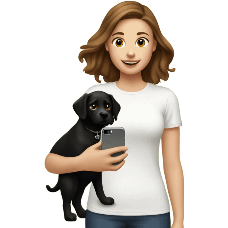 23 year old white girl with brown hair in the park with her black dog while showing dog content in her iPhone emoji