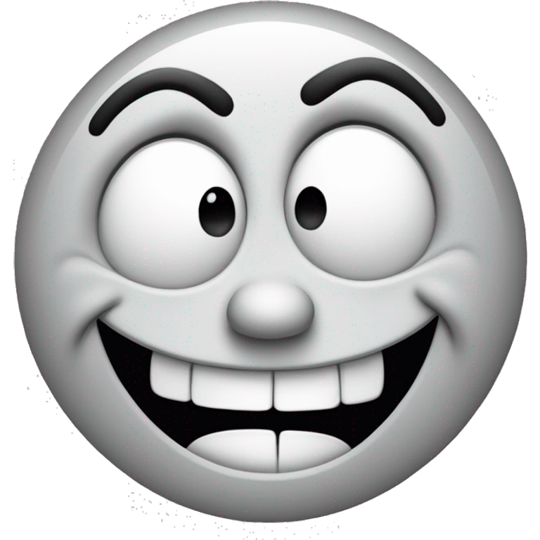 A crudely drawn black-and-white face with an exaggerated grin, large, uneven eyes, a small curved nose, and a wide mouth filled with blocky, misaligned teeth. The head is lopsided and appears to be melting or distorted, with wavy lines for wrinkles. emoji