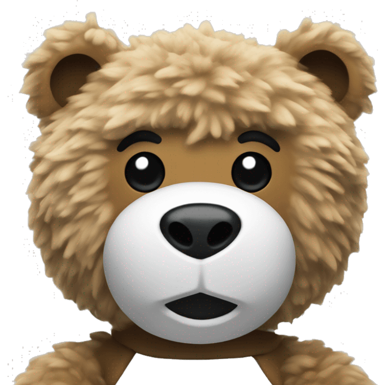 Fluffy bear toy with white t shirt with black logo “speakeasy” emoji