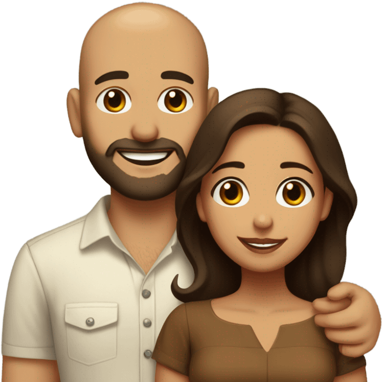 Brown-haired Puerto Rican woman with dark brown eyes wearing a cute blouse giving a comforting hug to a short, bald man with brown eyes, laugh lines, and a beard emoji