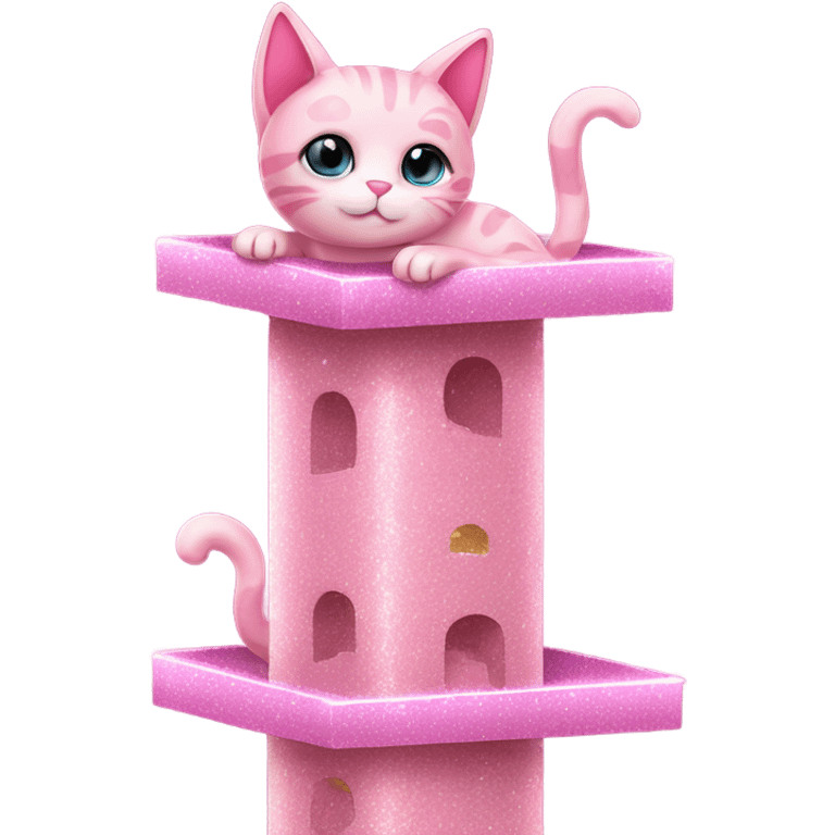 Pink cat on cat-tower with glitter emoji