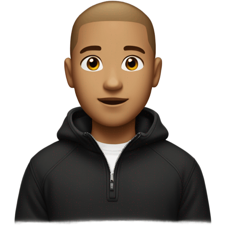 boy with light tanned skin, buzz cut, no facial hair, wearing a smart black quarter zip jumper with white t shirt underneath. emoji