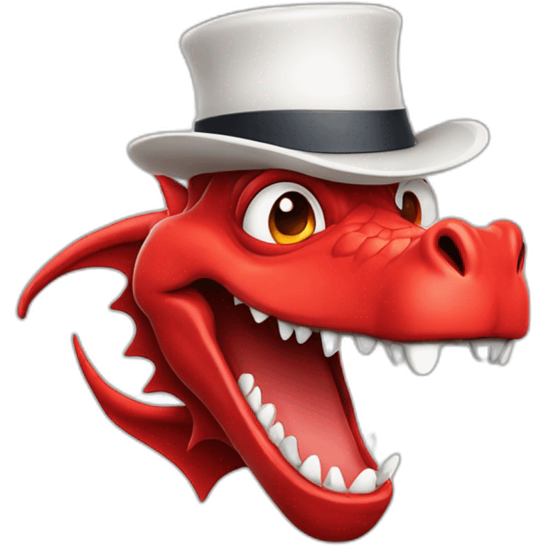 Crazy funny red dragon head with human white teeth and beautiful smile wearing glasses and hat emoji